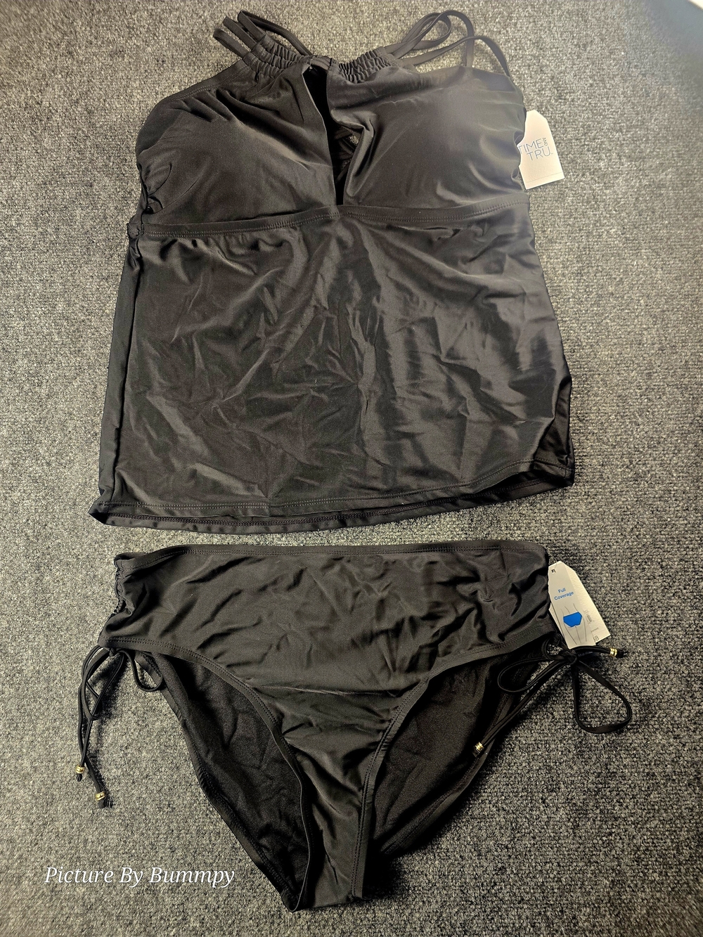 NWT Time and Tru 2-piece solid black tankini Beach/pool swimsuit Size XL 16/18